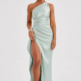 Keziah | One-Shoulder Satin Maxi Dress with Ruched Waist and High Slit