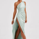 Keziah | One-Shoulder Satin Maxi Dress with Ruched Waist and High Slit