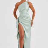 Keziah | One-Shoulder Satin Maxi Dress with Ruched Waist and High Slit