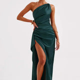 Keziah | One-Shoulder Satin Maxi Dress with Ruched Waist and High Slit