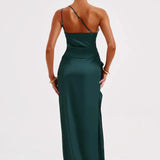 Keziah | One-Shoulder Satin Maxi Dress with Ruched Waist and High Slit