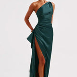 Keziah | One-Shoulder Satin Maxi Dress with Ruched Waist and High Slit