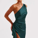 Keziah | One-Shoulder Satin Maxi Dress with Ruched Waist and High Slit