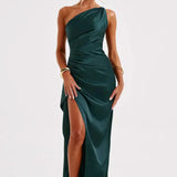 Keziah | One-Shoulder Satin Maxi Dress with Ruched Waist and High Slit