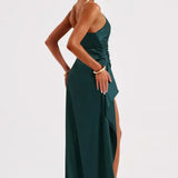 Keziah | One-Shoulder Satin Maxi Dress with Ruched Waist and High Slit