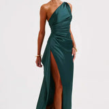 Keziah | One-Shoulder Satin Maxi Dress with Ruched Waist and High Slit