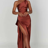 Keziah | One-Shoulder Satin Maxi Dress with Ruched Waist and High Slit