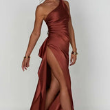Keziah | One-Shoulder Satin Maxi Dress with Ruched Waist and High Slit