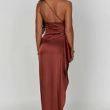 Keziah | One-Shoulder Satin Maxi Dress with Ruched Waist and High Slit