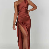 Keziah | One-Shoulder Satin Maxi Dress with Ruched Waist and High Slit