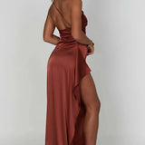 Keziah | One-Shoulder Satin Maxi Dress with Ruched Waist and High Slit