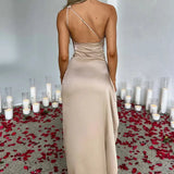 Keziah | One-Shoulder Satin Maxi Dress with Ruched Waist and High Slit