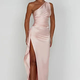 Keziah | One-Shoulder Satin Maxi Dress with Ruched Waist and High Slit