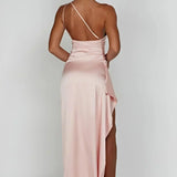 Keziah | One-Shoulder Satin Maxi Dress with Ruched Waist and High Slit
