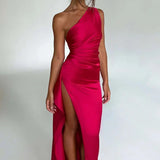 Keziah | One-Shoulder Satin Maxi Dress with Ruched Waist and High Slit