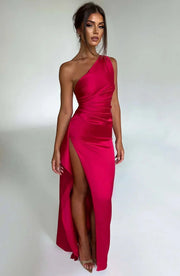 Keziah | One-Shoulder Satin Maxi Dress with Ruched Waist and High Slit