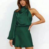 Ann | One-Shoulder Satin Mini Dress with High Neck and Long Sleeve
