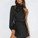 Ann | One-Shoulder Satin Mini Dress with High Neck and Long Sleeve