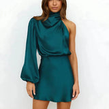 Ann | One-Shoulder Satin Mini Dress with High Neck and Long Sleeve