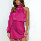 Ann | One-Shoulder Satin Mini Dress with High Neck and Long Sleeve