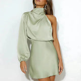 Ann | One-Shoulder Satin Mini Dress with High Neck and Long Sleeve