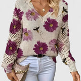 Isobel | Women's V-Neck Pullover with Floral Pattern and Openwork Sleeves