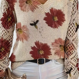 Isobel | Women's V-Neck Pullover with Floral Pattern and Openwork Sleeves