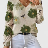 Isobel | Women's V-Neck Pullover with Floral Pattern and Openwork Sleeves