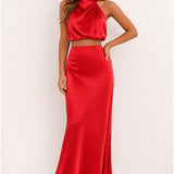 Violet | Satin Halter Neck Co-ord Set with Maxi Skirt