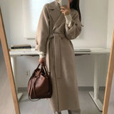 Women's Belted Long Coat – Wool-Look Midi Winter Coat with Wide Sleeves