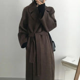 Women's Belted Long Coat – Wool-Look Midi Winter Coat with Wide Sleeves