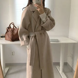 Women's Belted Long Coat – Wool-Look Midi Winter Coat with Wide Sleeves