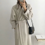Women's Belted Long Coat – Wool-Look Midi Winter Coat with Wide Sleeves