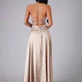 Blythe | Satin Cowl Neck Maxi Dress with Adjustable Straps and Side Slit