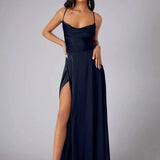 Blythe | Satin Cowl Neck Maxi Dress with Adjustable Straps and Side Slit