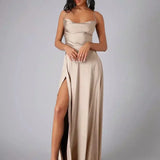 Blythe | Satin Cowl Neck Maxi Dress with Adjustable Straps and Side Slit