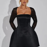 Abi | Satin Mini Dress with Rhinestone Mesh Sleeves and Square Neckline