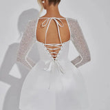 Abi | Satin Mini Dress with Rhinestone Mesh Sleeves and Square Neckline