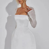 Abi | Satin Mini Dress with Rhinestone Mesh Sleeves and Square Neckline