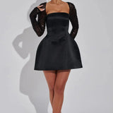 Abi | Satin Mini Dress with Rhinestone Mesh Sleeves and Square Neckline