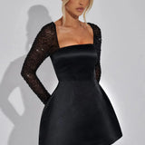 Abi | Satin Mini Dress with Rhinestone Mesh Sleeves and Square Neckline