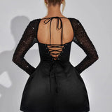 Abi | Satin Mini Dress with Rhinestone Mesh Sleeves and Square Neckline