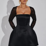 Abi | Satin Mini Dress with Rhinestone Mesh Sleeves and Square Neckline