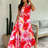 Velanique | One-Shoulder Pleated Floral Dress