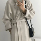Women's Belted Long Coat – Wool-Look Midi Winter Coat with Wide Sleeves