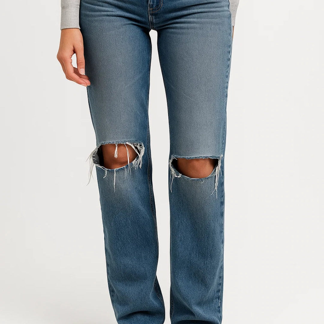 Luna | High-Waisted Straight-Fit Jeans with Rips – Casual Comfort