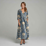 Juniper | Floral Print Boho Midi Dress with V-Neck and Side Pockets