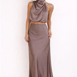 Violet | Satin Halter Neck Co-ord Set with Maxi Skirt
