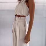 Aurora | Satin Two-Piece Set with Halter Top and Wide-Leg Trousers