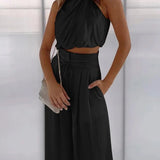 Aurora | Satin Two-Piece Set with Halter Top and Wide-Leg Trousers